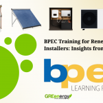 BPEC training blog header showing solar panels, heat pumps, battery storage, and water regulations with GRE Energy Training branding.