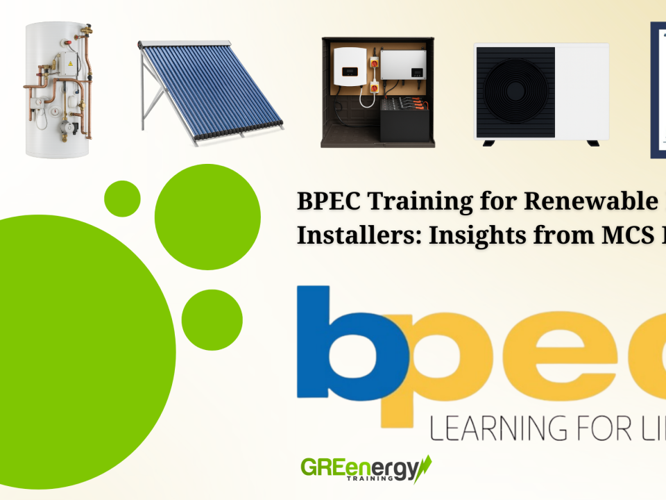 BPEC training blog header showing solar panels, heat pumps, battery storage, and water regulations with GRE Energy Training branding.